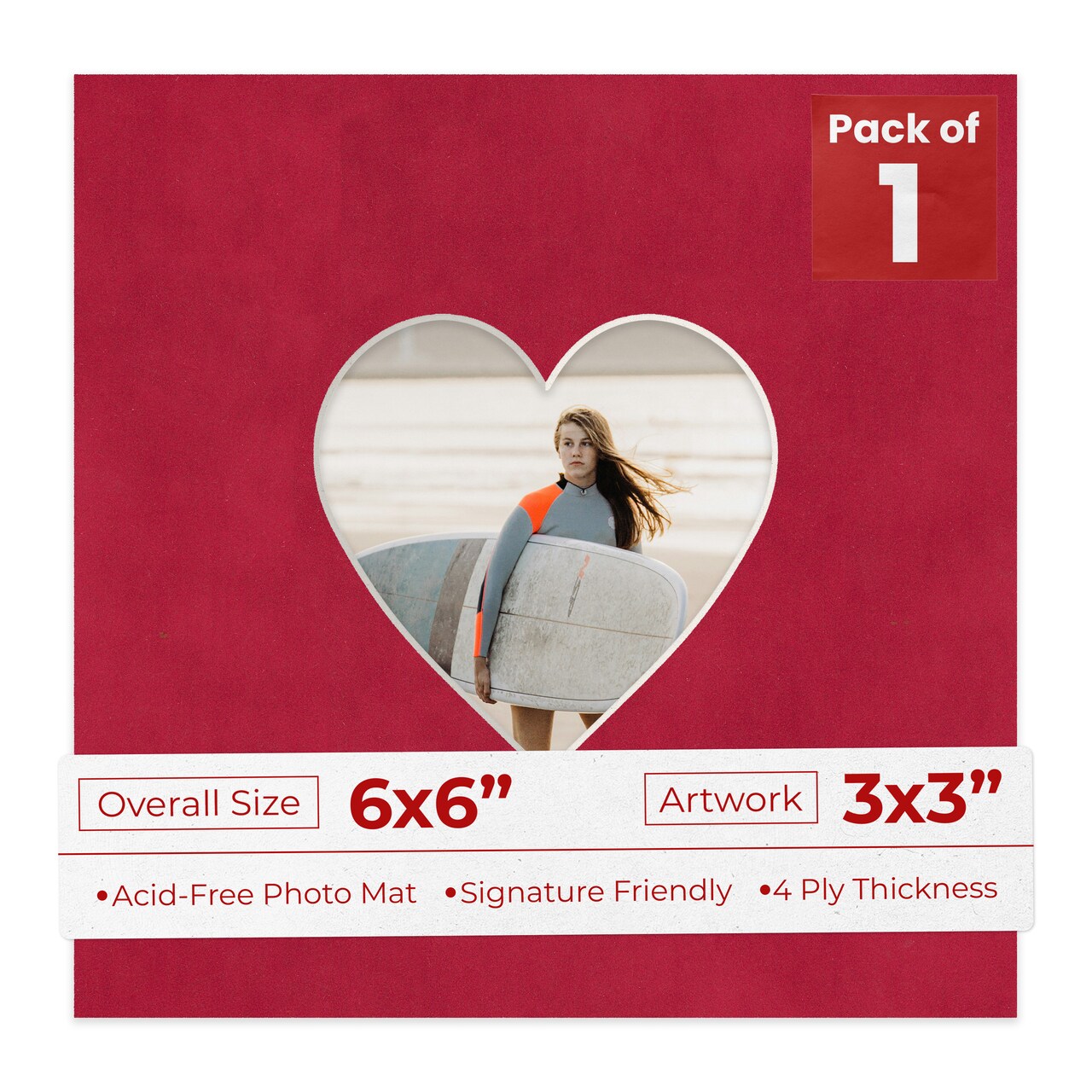 Red Suede Mat Board for 6x6 Frames - Heart Opening for 3x3 Photos